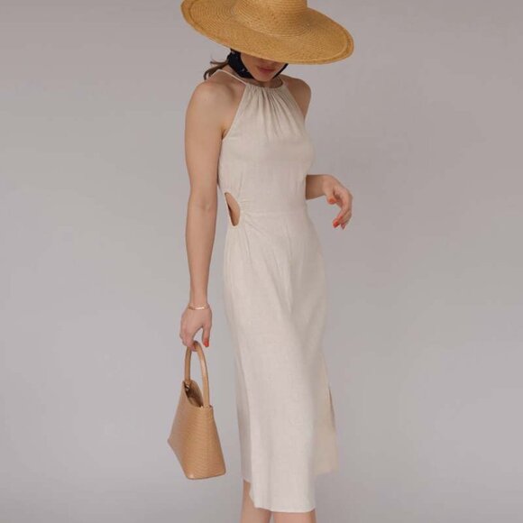 Lucy Paris Linen Blend Side Cut Out Halter Dress L - Picture 1 of 16